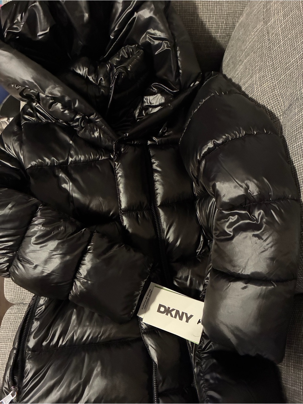 DKNY Black Glossy Quilted Hooded Puffer Coat- NWT, Never Worn.